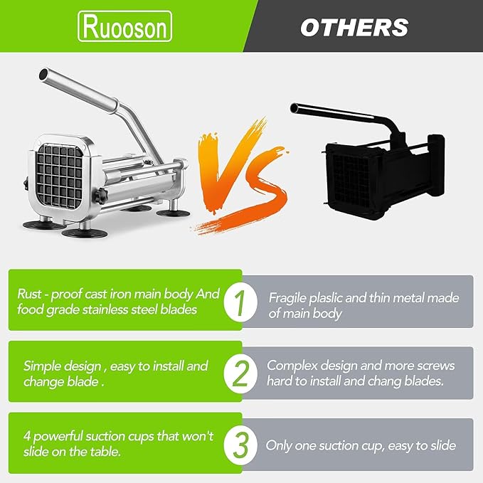 French Fry Cutter, Ruooson Professional Potato Cutter Slicer with1/2 In & 3/8 In Stainless Steel Blades, Great for Whole Potatoes Carrots Cucumbers.