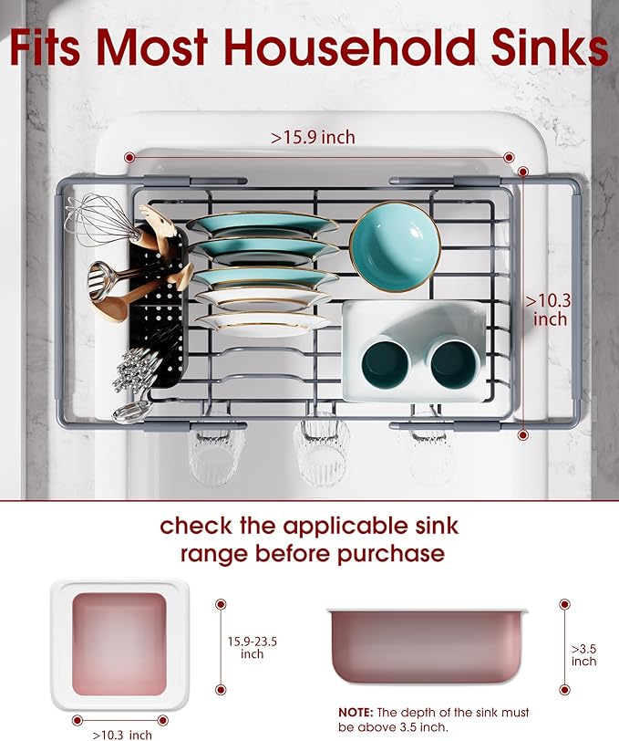 Sakugi Dish Drying Rack in Sink - Expandable Stainless Steel Dish Rack Over the Sink, Kitchen Sink Drain Strainer with Cutlery Holder & Cup Holders, 15.4 x 9.8 x 3.0 Inch, Silver