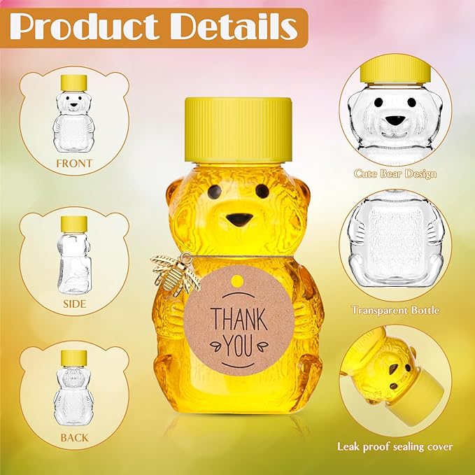 50 Pack Plastic Honey Bear Bottles Jars, 2 oz Honey Bear Cup with Lids Mini Bear Shape Empty Honey Bear Bottle Honey Containers Bulk Jam Juice Candy for Wedding Gifts Baby Shower Favors