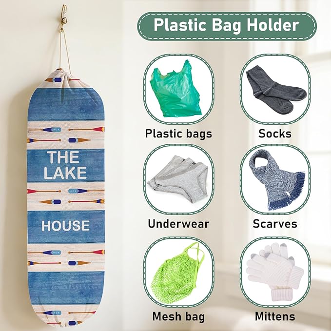 2Pcs Lake House Plastic Bag Holder for Kitchen Essentials, Reusable Hanging Grocery Bag Organizer, Washable Large Grocery Trash Bags Storage Dispenser Lake House Decor for the Home