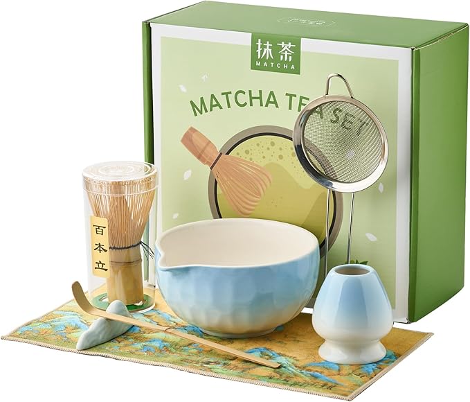 Matcha Whisk Set 7 Pcs Matcha Sets Blue, matcha Kit with Bowl, Whisk and Holder, Bamboo Scoop, Scoop Rest, Sifter & Tea Towel, Tea Gifts for Matche Lovers Making Breakfast Latte