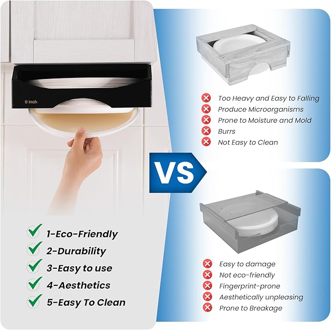 9-inch Paper Plate Dispenser Under Cabinet, Bamboo Paper Plate Holders, Kitchen Counter Vertical Plate Dispensers Holders Countertop Caddy(For 9-inch Plates, Black)