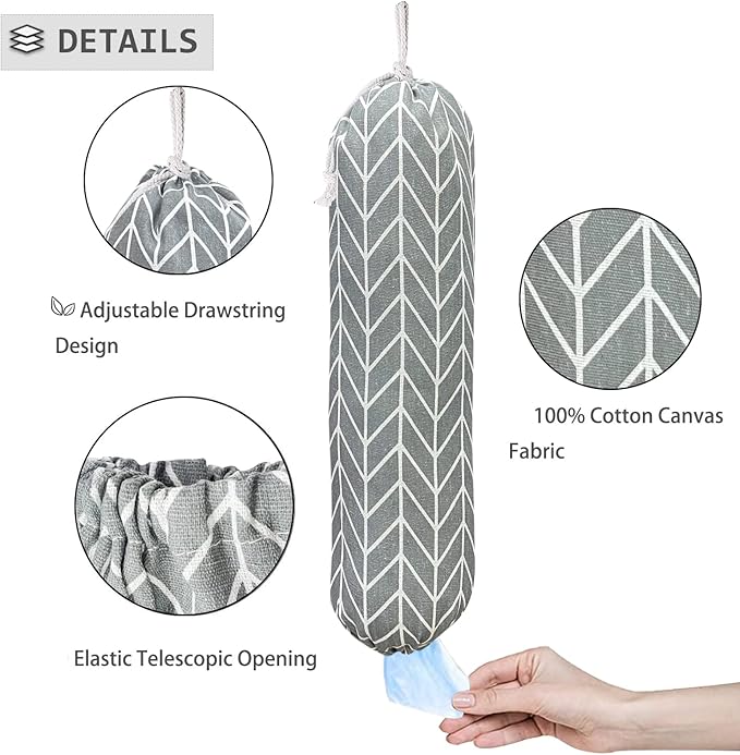 Wall Mount Plastic Grocery Bag Organizer/Holder,Washable Shopping Bags Carrier,Storage Dispenser for Home Kitchen Travelling, Free Adjustment with Drawstring, Large, Gray, 22x9"