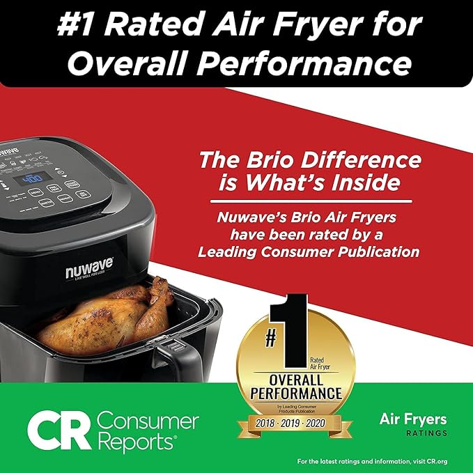 Nuwave 6-quart Brio Healthy Digital Air Fryer with One-Touch Digital Controls, 6 Preset Menu Functions & Removable Divider Insert (Renewed)