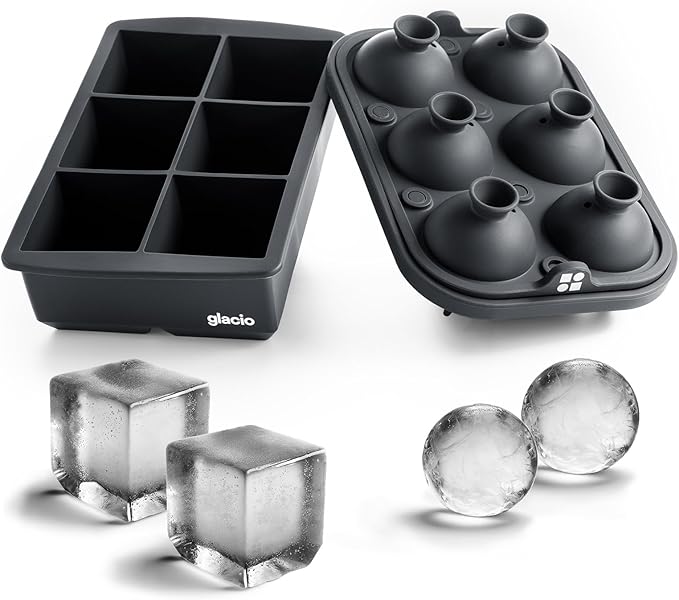 Ice Cube Molds – Large Silicone Ice & Sphere Mold Combo with Built-In Easy-Fill Funnel 2-Inch Round & Square Whiskey Ice Molds for Cocktails & Bourbon