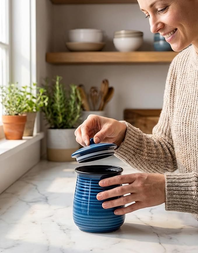 HASENSE Ceramic Food Storage Jar, Coffee Canister with Lid, Cookie Candy Jar for Kitchen, Serving for Dog Treat Sugar Loose Tea Flour Coffee Beans Rice Snack Storage 30 FL OZ (Blue)