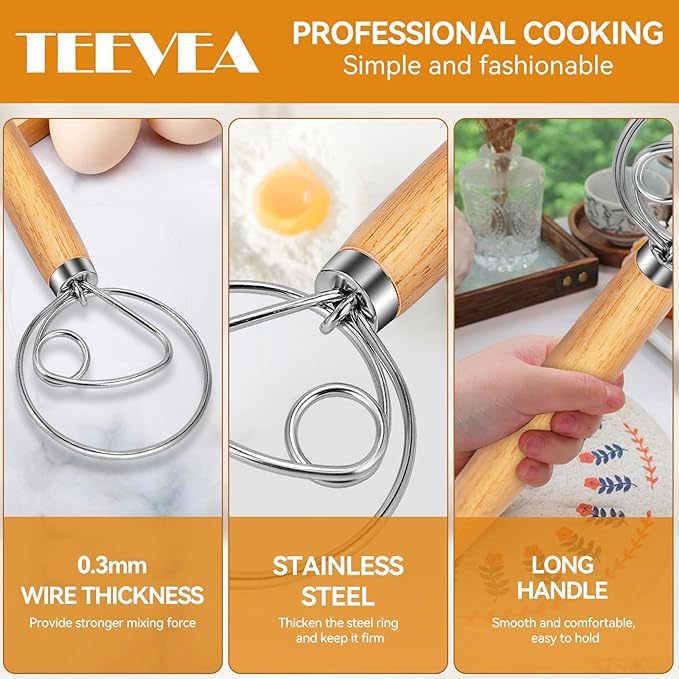 TEEVEA Danish Dough Whisk Stainless Steel Hook Dutch Bread Mixer for Sourdough Baking Tools