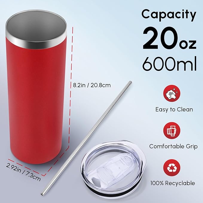 Volhoply 4 Pack Skinny Tumblers with Lid and Straw, 20oz Stainless Steel Straight Tumbler Bulk, Vacuum Insulated Coffee Mug for Home, Office, Travel, DIY (Red,4 Pack)