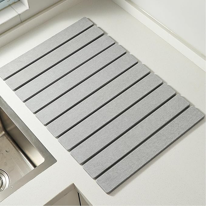 Stone Drying Mat for Kitchen Counter, LightGray 24"×16" Collapsible Fast Drying Dish Mats, Diatomaceous Earth Water Absorbing Mat for Dishes Bottles Cups