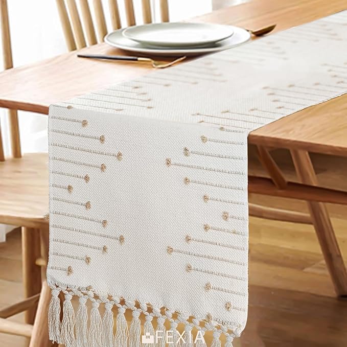 FEXIA Boho Table Runner with Tassels 72 Inches Long for Home Decor Room Decor Farmhouse Rustic Macrame Table Runners for Dining Bedroom Bridal Shower(12x72 Inches)