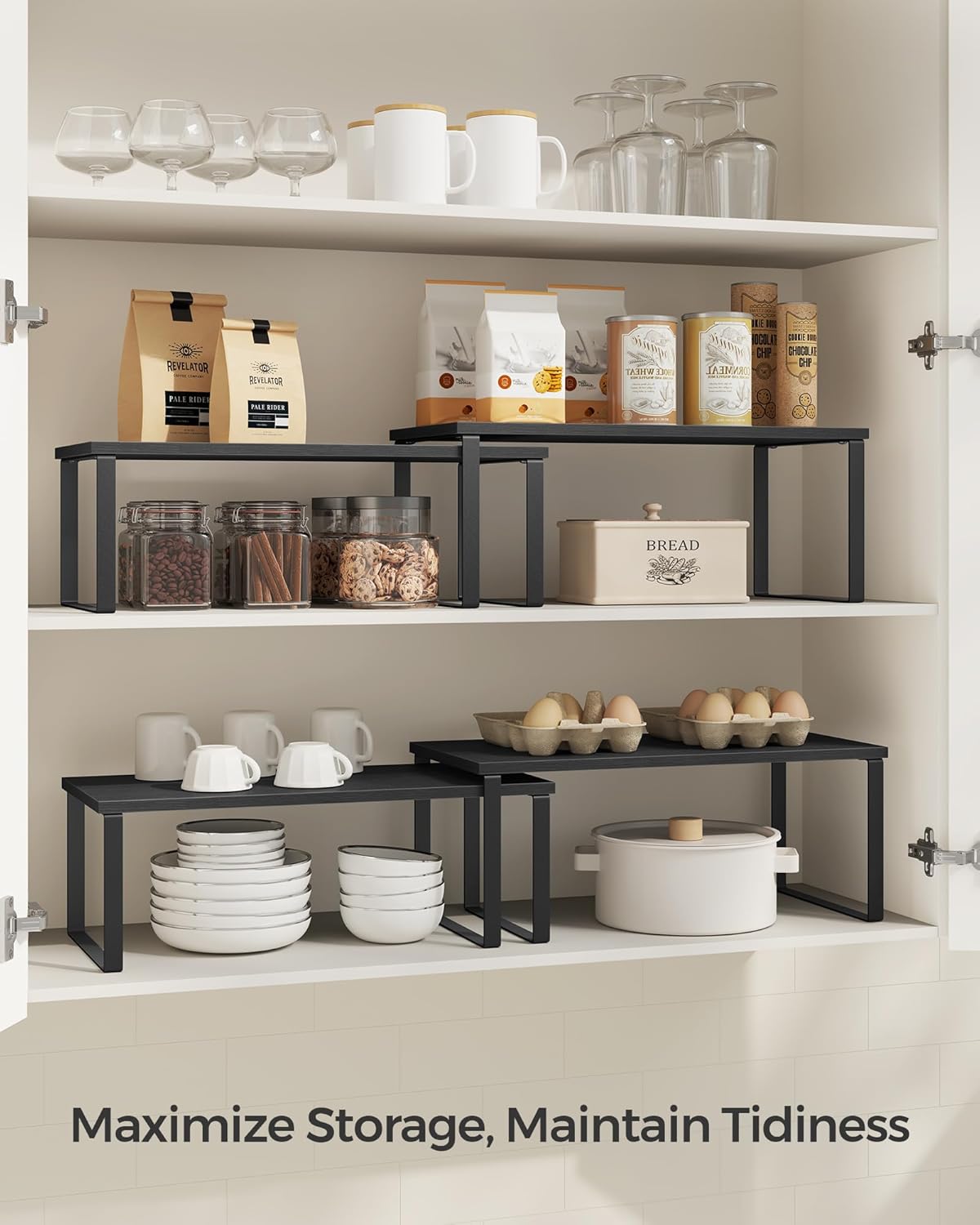 SONGMICS Cabinet Organizer Shelf, Set of 2 Kitchen Counter Shelves, Kitchen Storage, Spice Rack, Stackable, Expandable, Metal and Engineered Wood, Ink Black and Charcoal Black UKCS025B01