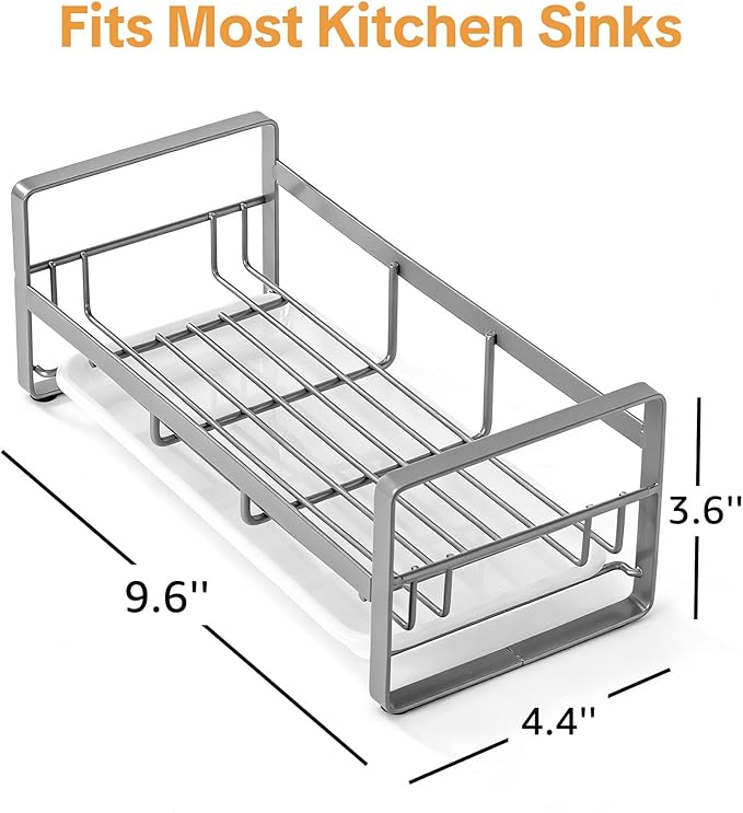 HULISEN Large Sponge Holder, 304 Stainless Steel Kitchen Soap Dispenser Caddy Organizer, Countertop Soap Dish Rack Drainer with Removable Drain Tray, not Including Dispenser and Brush, Grey