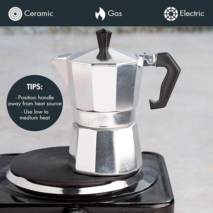Primula Classic Stovetop Espresso and Coffee Maker, Moka Pot for Italian and Cuban Café Brewing, Greca Coffee Maker, Cafeteras, 3 Espresso Cups, Silver