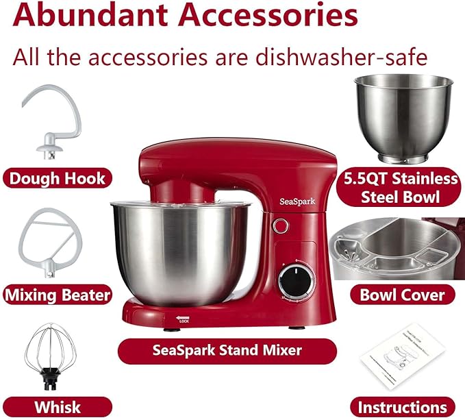 Stand Mixer, 3 in 1 Stand Mixer, 5.5Qt Electric Mixer, Mixer with Stainless Dough Hook, Wire Whip & Beater, Food Mixer for Baking, Cake and Most Home Cooks, Red