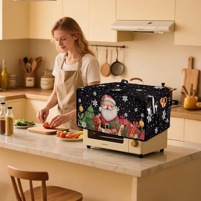 Toaster Oven Cover Dust-Proof Countertop Convection Oven Cover Protective Smart Microwave Oven Accessories and Decor, L, Santa Claus Snowflake Black Christmas Decor