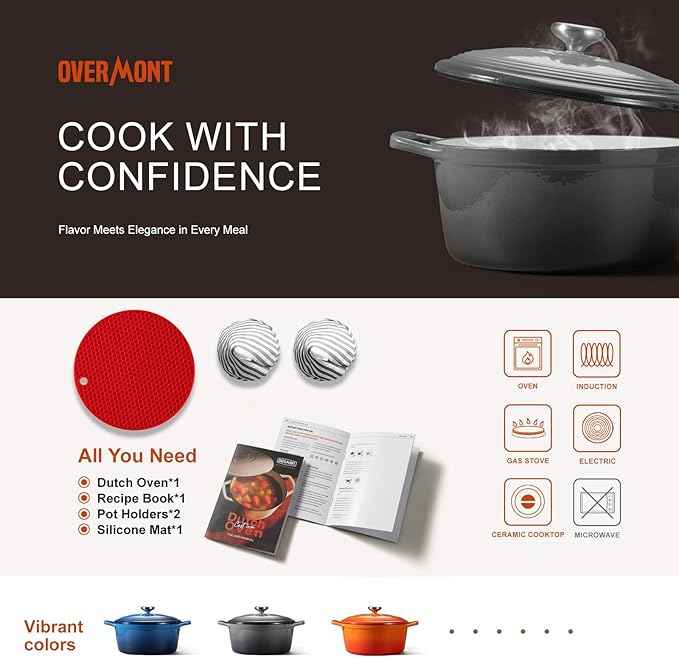 Overmont Enameled Cast Iron Dutch Oven - 5.5QT Pot with Lid Cookbook & Cotton Potholders - Heavy-Duty Cookware for Braising, Stews, Roasting, Bread Baking Grey