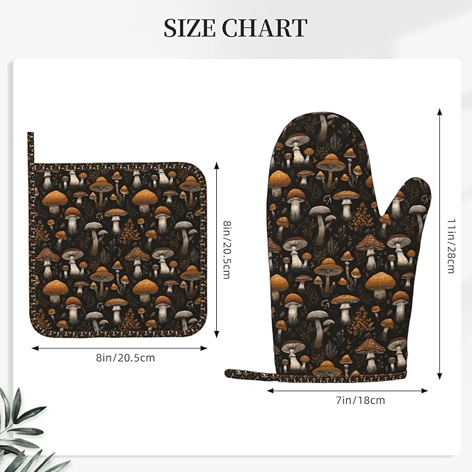 Oven Mitts and Pot Holders Set, Vintage Mushroom Leaf Silicone Kitchen Accessories 4 Piece Heat Resistant Long Gloves Potholder Non-Slip Grip for Chef Cooking Baking Grilling BBQ