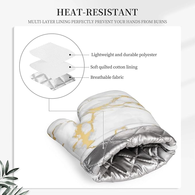 Luxury Marble White Gold Oven Mitts and Pot Holders Sets of 4, Heat Resistant Silicone Oven Mittens and Potholders Gloves Hot Pads for Kitchen Cooking Baking Grilling BBQ Chef