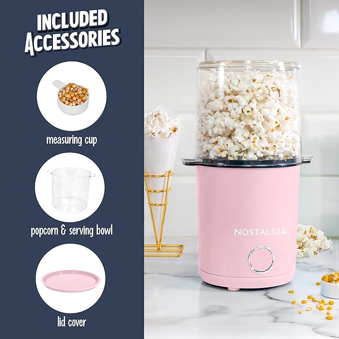 Nostalgia 8-Cup Hot Air Popcorn Maker & Bowl - 2-In-1 Bowl & Lid, 2 oz Measuring Cup - Oil-Free Pop Corn for Movie Night, Snacks, Birthday Parties, and More - Pink