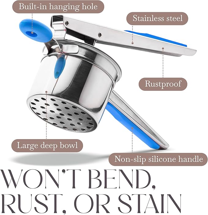 Bellemain 15 oz Large Potato Ricer | Heavy-Duty Stainless Steel Ricer & Masher | Perfect for Mashed Potatoes | Kitchen Tool with 3 Interchangeable Discs (Blue)