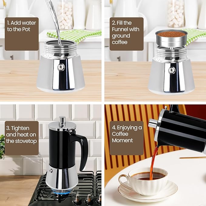 4 Cup Thickened Moka Pot 304 Stainless Steel 200ml Italian Espresso Coffee Maker Stovetop CoffeeMakers Mocha Pot Percolator for Induction Stove Classic Cafe Makers Portable for Easy Brewing