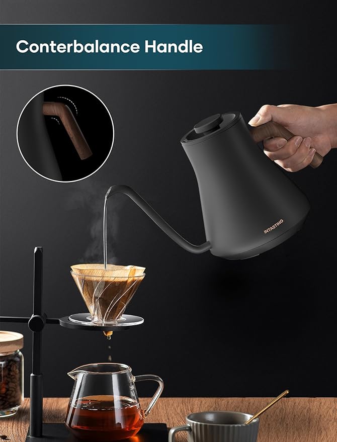 INTASTING Electric Kettles, Gooseneck Electric Kettle, ±1℉ Temperature Control, Stainless Steel Inner, Quick Heating, for Pour Over Coffee, Brew Tea, Boil Hot Water, 0.9L Dark Grey