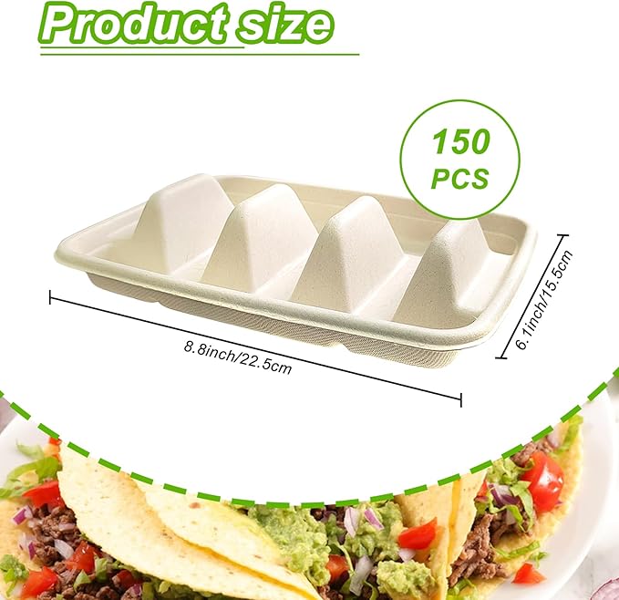 150PCS Disposable Taco Holder for Party，Disposable Taco Plates with 3 Dividers Disposable Taco Holders for Party, Taco Tray Holder, Pulp Fiber Plates Disposable for Taco Tuesday Lazy Susan Taco Bar