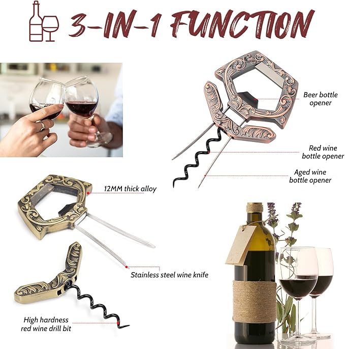 3 in 1 Ah So Two Prong Wine Opener & Cork Remover,It Can Remove The Older and Fragile Wine Corks so Easy for Connoisseurs to Uncork (Copper)