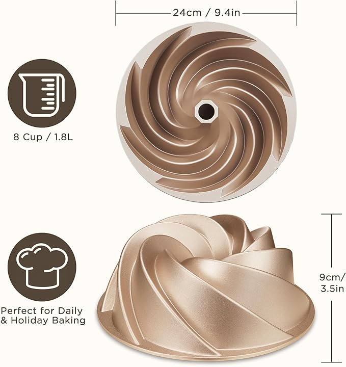 KITESSENSU Non-Stick Cake Pan, 9.5-Inch Aluminum Cake Mold, 8 Cup Fluted Heavy Duty Tube Pan, Durable Rust & Scratch-Resistant, Baking Mold for Jello, Gelatin, Chocoflan, Flan, Marissa, Gold