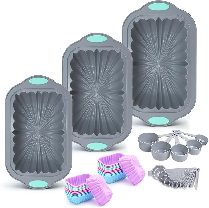 To encounter 44 Pieces Silicone Cake Pan Set, 3 Sizes Silicone Fluted Bread Pan with Reusable Baking Cups, Food Grade Baking Mold for Brownie, Bread, Muffin, Light Grey