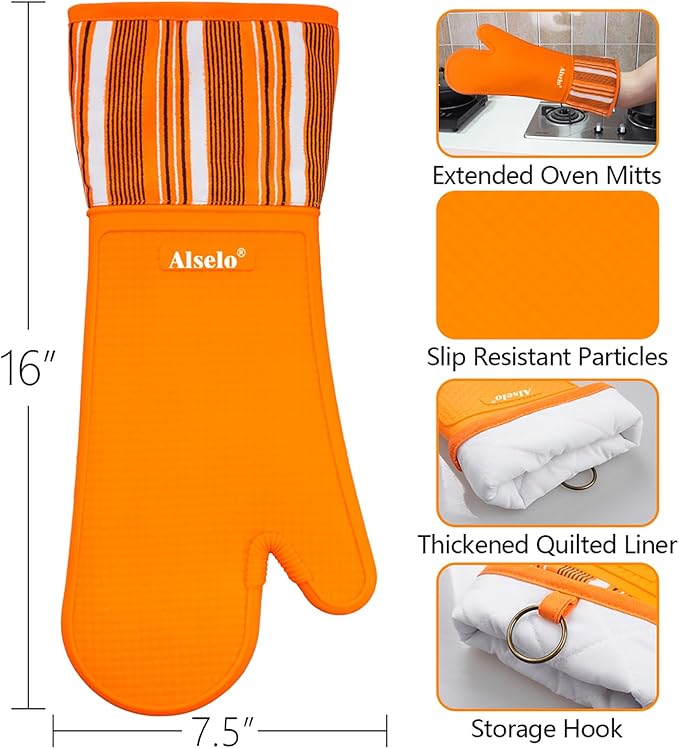 Alselo Oven Mitts Heat Resistant Silicone Kitchen Gloves for 550 Degrees with Waterproof and Non-Silp, Oven Gloves for Baking Cooking Barbecue Microwave Machine Washable (Extra Long Orange, 2)