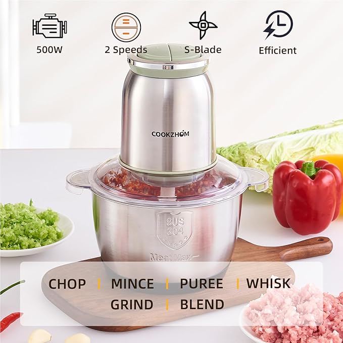 Silver Food Processor,500W Electric Meat Grinder with 8 Cup Stainless Steel Bowl and 4 Sharp Blades, Food Chopper & Vegetable Chopper for home use,Meat Processor, Vegetables, Fruits and Nuts