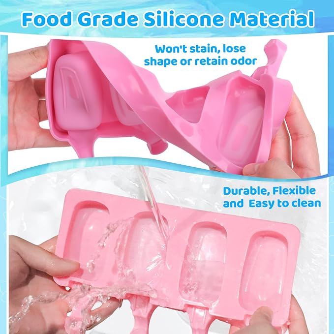 SAYAYA 2 Set Silicone Popsicle Molds with 100 Sticks, Reusable 4 Cavities Homemade Cake Pop & Cakesicle Mold for DIY Ice Cream, Ice Pop, Easy Release & Dishwasher Safe for Kids Family (Pink & Purple)