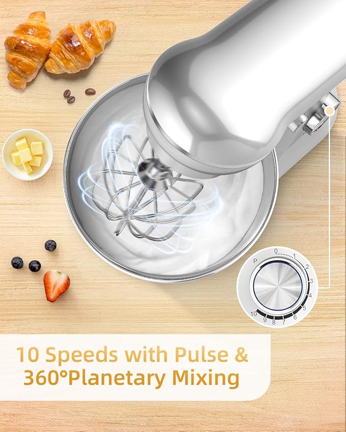 Facelle Tilt-Head Stand Mixer, 5QT+6QT Stainless Steel Two Bowls, 10 Speeds Kitchen Electric Food Mixer with Egg Whisk, Dough Hook, Beater, Dishwasher-Safe Attachment, Ideal Gift for Mom (Sliver)