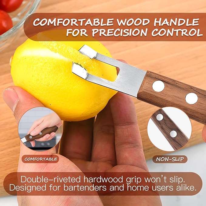Channel Knife for Zesting Stainless Steel Bar Tool with Wood Handle, Curved Blade for Lemon/Orange Twists Cocktail Garnish Tool for Bartenders & Home Mixologists