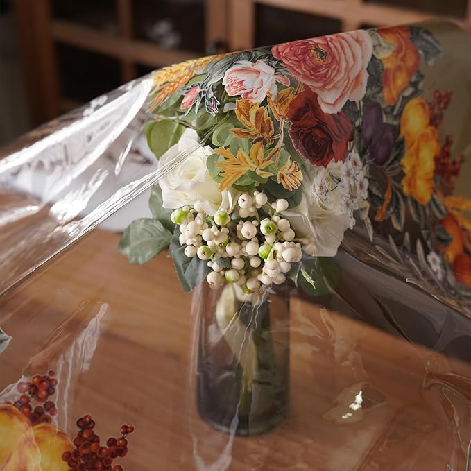 Clear Table Cover Protector Vinyl PVC Rectangle Table Cloth Oil Spill Proof Plastic Tablecloths for Dining Tables Parties Holidays (Floral Fruit, 60 x 120 Inches)