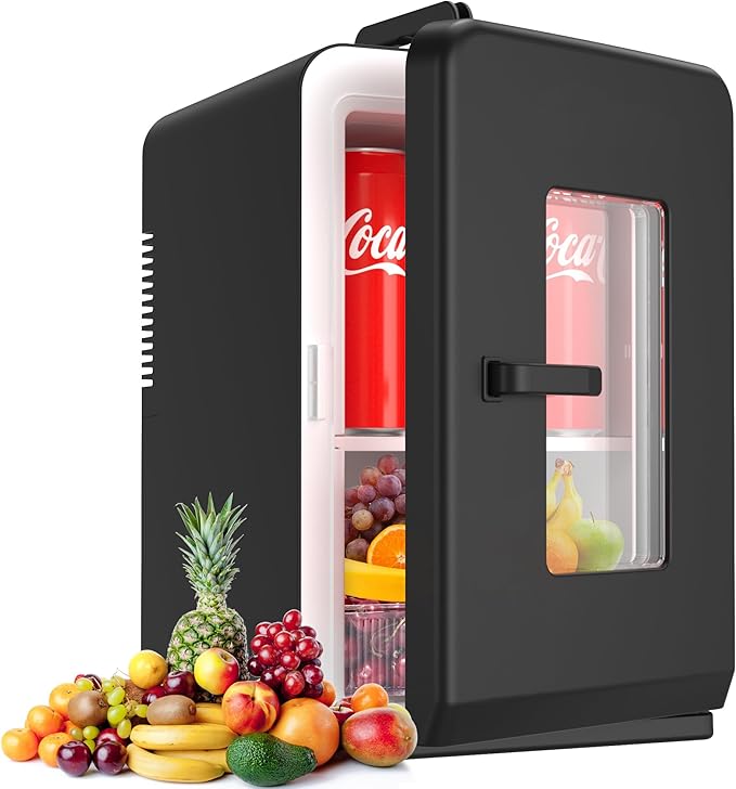 Mini Fridge, 15 Litre/21 Cans Small Fridge for Bedroom, Car, Office & Dorm, 110V AC/DC Portable Thermoelectric Cooler & Warmer for Skincare, Food, Drinks, Black