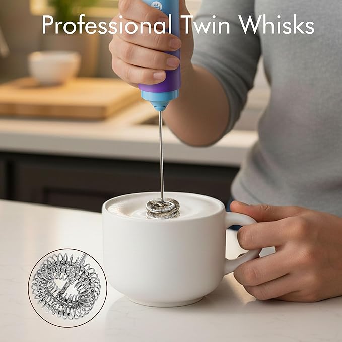 Rechargeable Milk Frother Handheld, 2-IN-1 Dual Spring Whisk Electric Frother Wand for Cappuccino Latte Macchiato, Portable Drink Mixer for Coffee, Matcha, Hot Chocolate