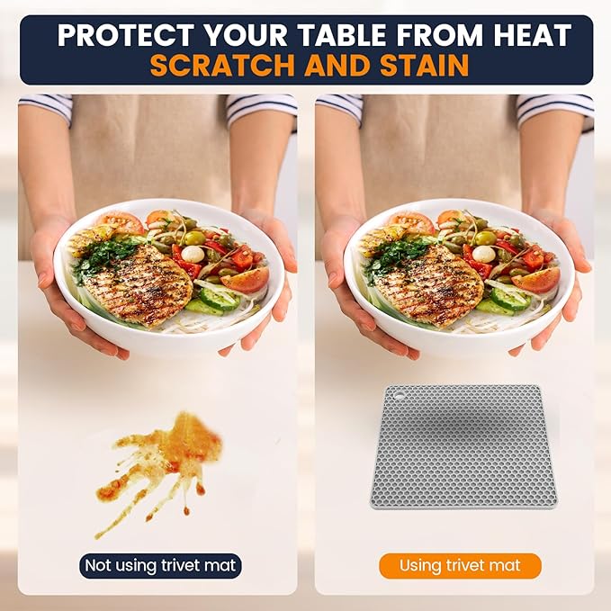 Silicone Trivet Mats 4 Heat Resistant Pot Holders Multipurpose Non-Slip Hot Pads for Kitchen Potholders, Drying mat, Jar Opener, Spoon Holder, Coaster.(Light Grey)