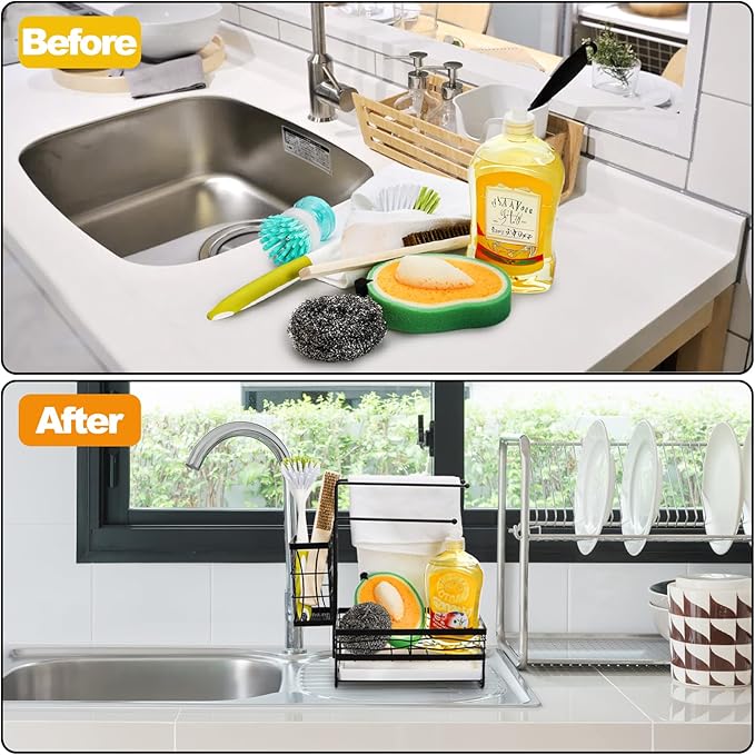 Tlence Kitchen Sink Caddy with 3 Dishcloth Drying Racks, Sponge Holder Rag Stand with Drain Pan, Metal Sink Storage Organizer with Removal Basket for Brush, Towel, Scrubber, Dish Rag, Black