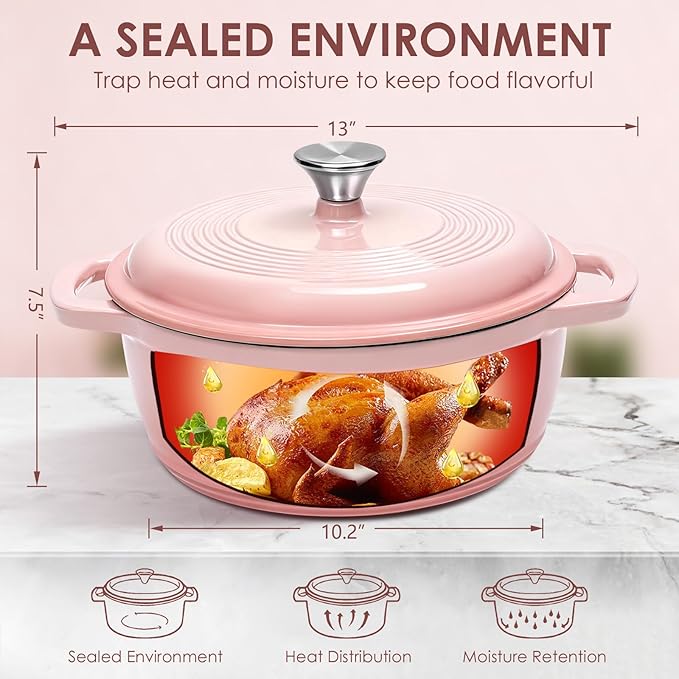 Cast Iron Dutch Oven Pot With Lid - AIVIKI 5QT Enameled Dutch Oven for Bread Baking With Cotton Potholders - Heavy- Duty Cookware Across All Cooktops, Wedding Registry Ideas & Gifts, Pink
