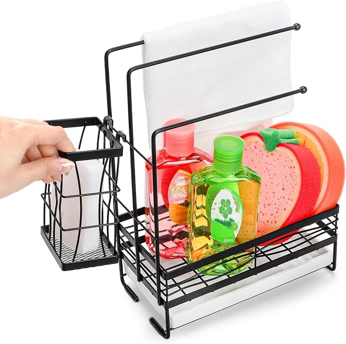 Tlence Kitchen Sink Caddy with 3 Dishcloth Drying Racks, Sponge Holder Rag Stand with Drain Pan, Metal Sink Storage Organizer with Removal Basket for Brush, Towel, Scrubber, Dish Rag, Black