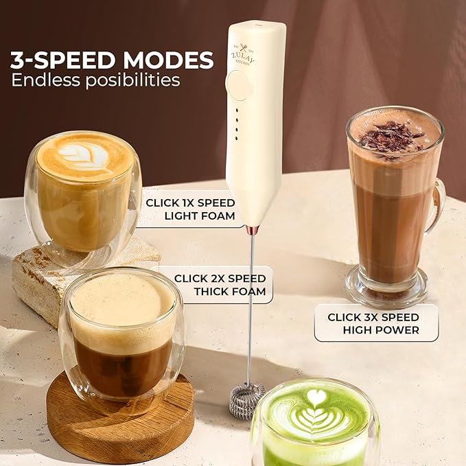 Zulay Kitchen Rechargeable Milk Frother - Dynamic - 3 Speeds, 3 Whisk Attachments, 500 mAh USB Charging, Drink Mixer For Latte, Cappuccino, Matcha, Protein Powder, Coffee Foam - Cream Copper