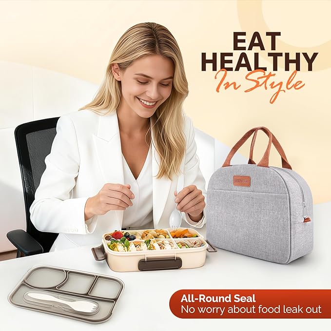 Bento Lunch Box Set Bento Box, 4-Compartment Lunch Containers,High Capacity Lunch Tote Bags for Work, Travel, Outdoor (Grey)
