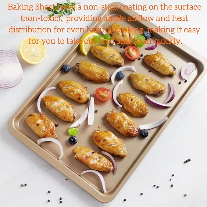 14.5 Inch Baking Sheet Pan, Stainless Carbon-Steel Cookie Tray for Baking, Gold Nonstick Baking Sheet for Kitchen Replacement Toaster Oven Tray.