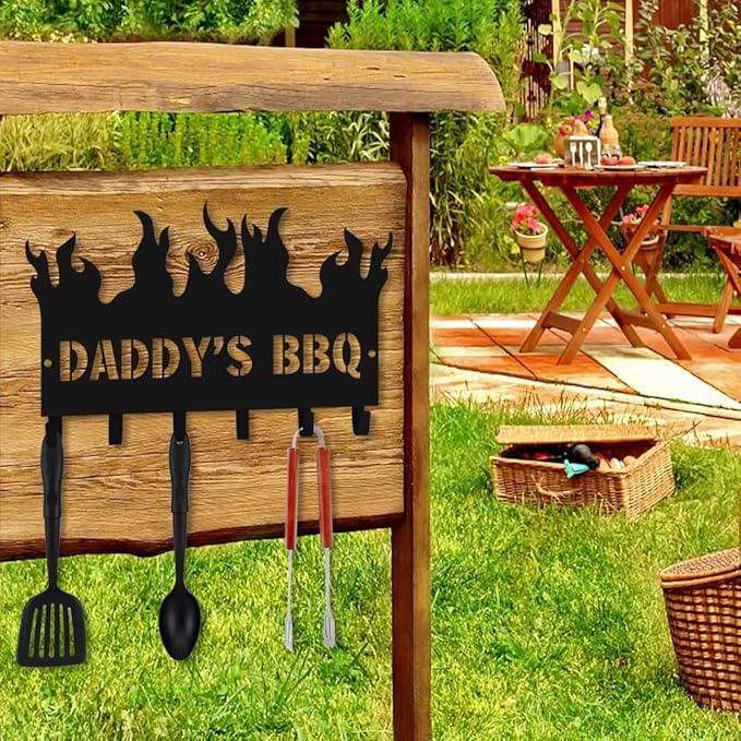 Generic Personalized BBQ Cooking Utensils Wall Hooks Rack for Dad Custom Grilling Tool Organizer Barbecue Tool Metal Storage Holders Grill Cutlery Hanger Father's Day Utensils Hanging Hooks (Style 2)