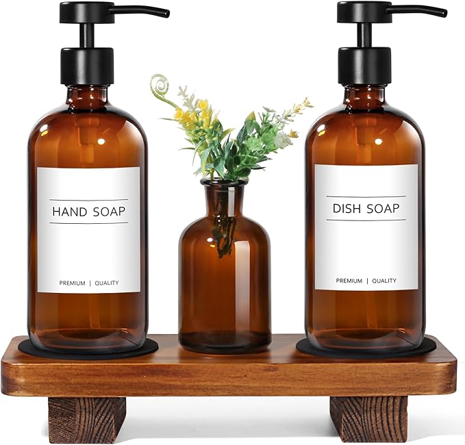 KASUNTING Amber Glass Soap Dispenser with Upgraded Flat Pump, Dish Soap Dispenser for Kitchen, Hand Soap Dispenser for Bathroom, Decorative Vase & Wood Riser Bathroom Decor(Amber02)