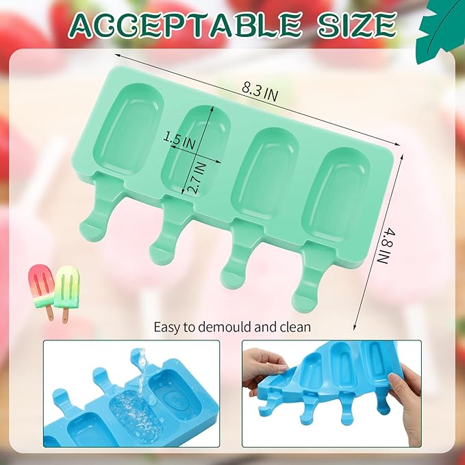 Irenare 12 Pcs Cakesicle Molds Silicone Small, 4 Cavities Cake Pop Mold Ice Pop Mold Ice Cream Molds Oval with 400 Wooden Sticks for DIY Cake