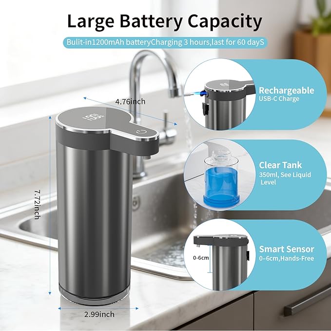 Automatic Liquid Soap Dispenser, 12oz Rechargeable Touchless Soap Dispenser, 4 Levels Adjustable Infrared Sensor Dish Soap Dispenser for Bathroom,Kitchen,Hotel
