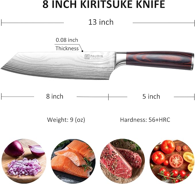 PAUDIN Kiritsuke Chef Knife, 8 Inch Japanese Kitchen Knives, 5Cr15MoV High Carbon Stainless Steel, Pakkawood Handle, with Protective Sheath & Gift Box